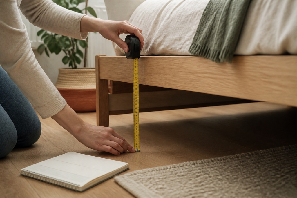 Person misst die nutzbare Höhe unter einem Bett mit einem Maßband