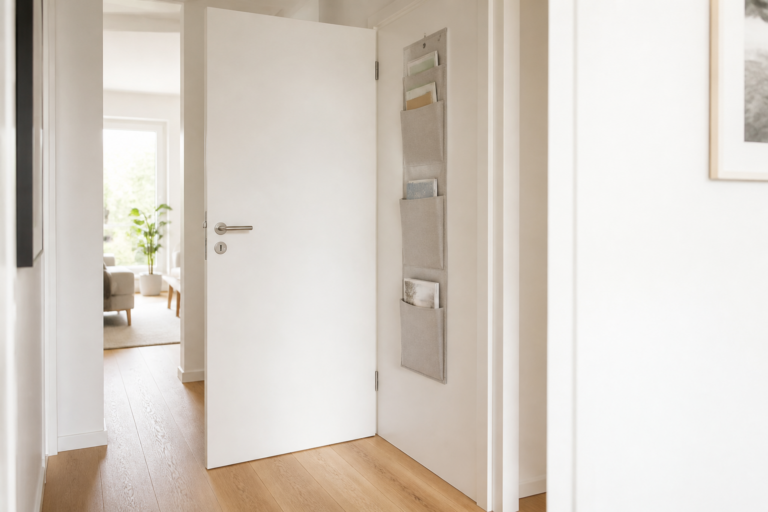 Geöffnete weiße Innentür in einem hellen Flur mit flacher Aufbewahrung an der Wand und freiem Griffbereich.