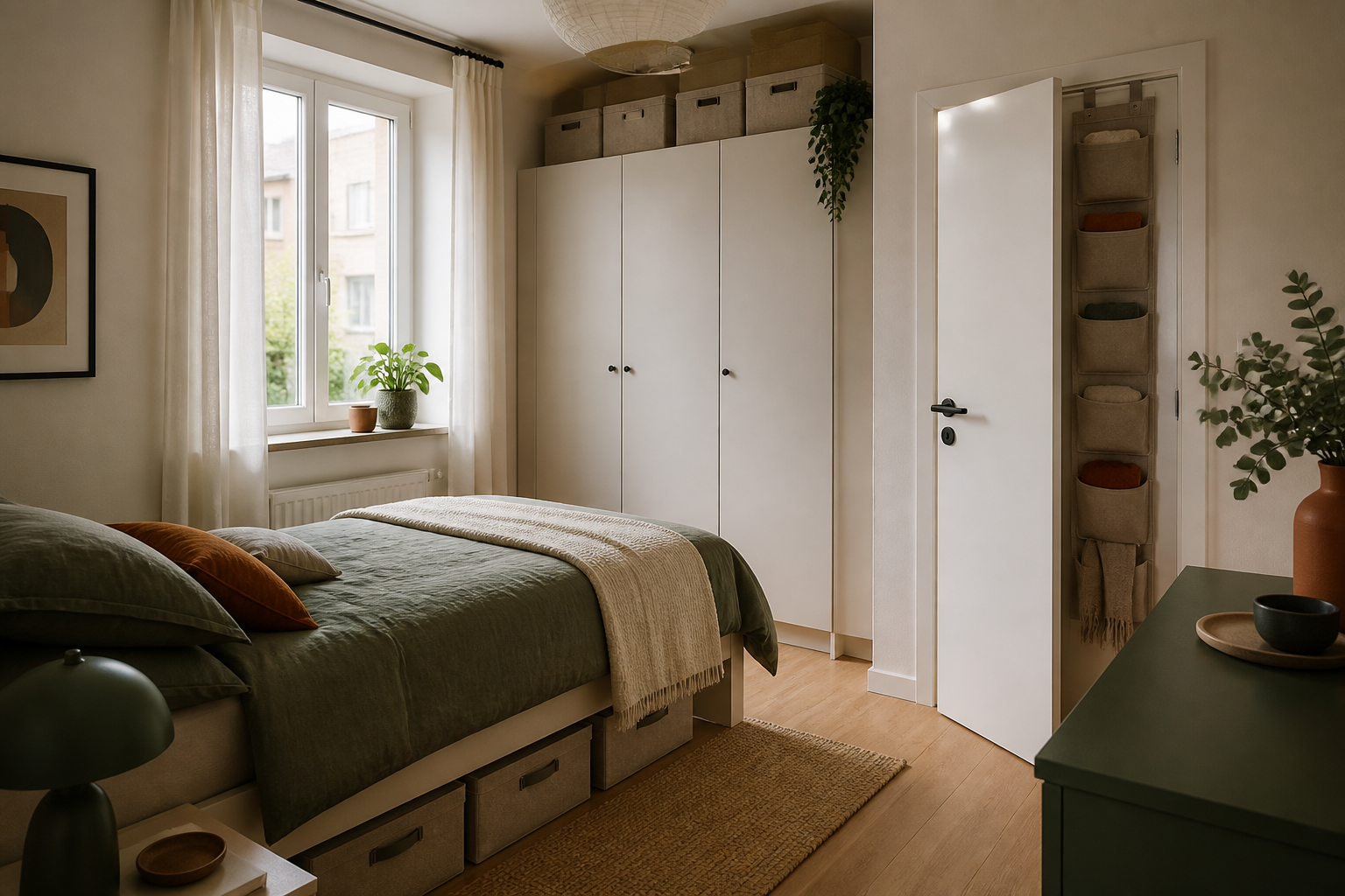 Kleines Schlafzimmer mit Stauraum unter dem Bett, über dem Schrank und hinter der Tür