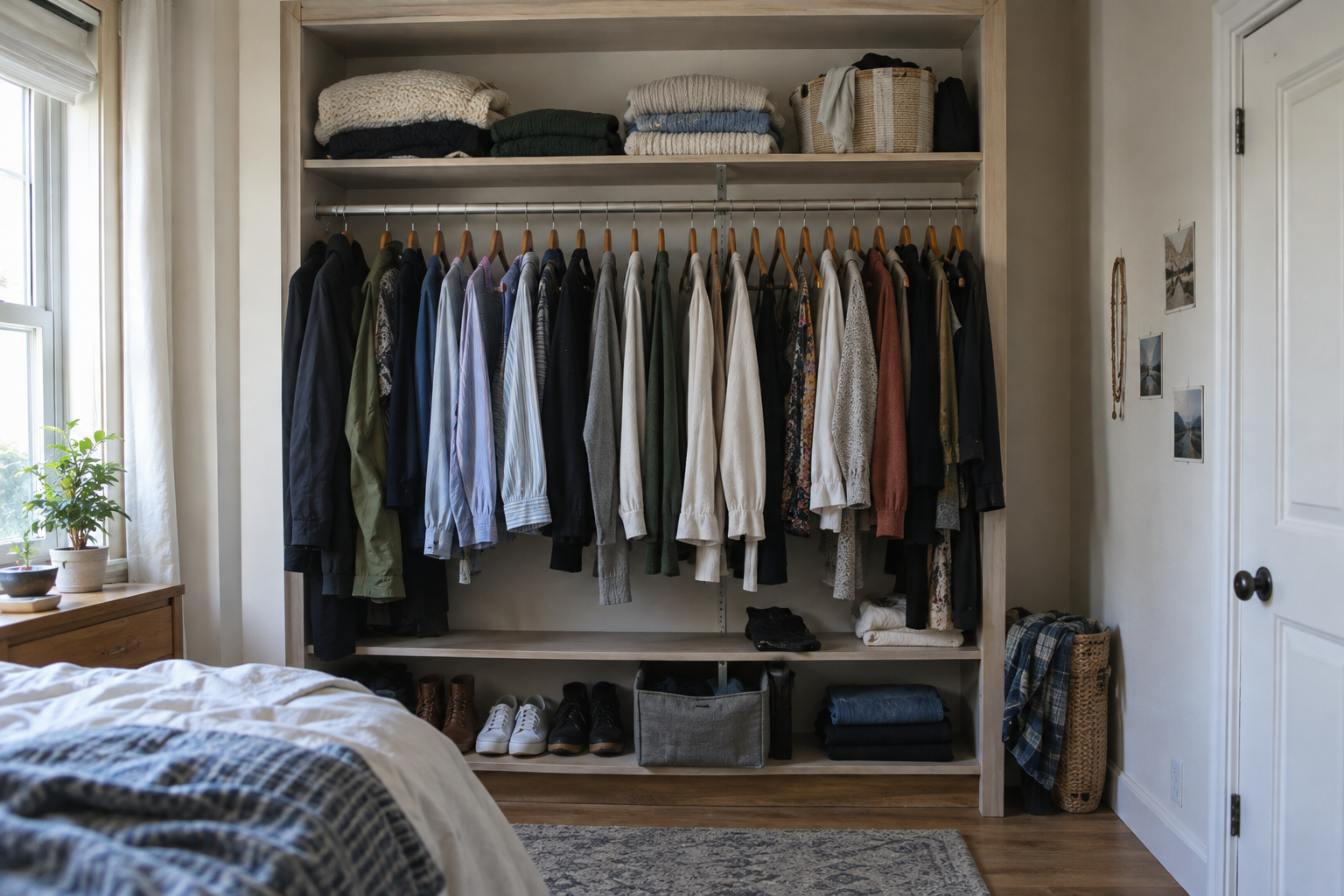Offener Kleiderschrank mit gut erreichbarer Kleidung, saisonaler Reserve oben und getrenntem Übergangsbereich.
