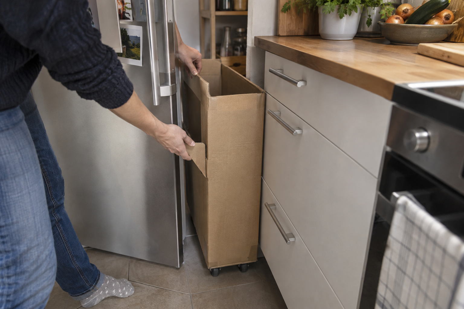 Eine Person zieht eine schmale Kartonschablone probeweise aus der Lücke zwischen Kühlschrank und Küchenschrank.