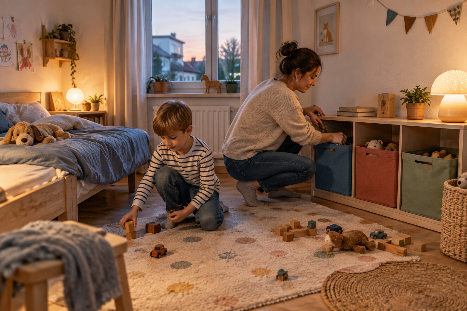 Erwachsene Person und Schulkind räumen wenige Spielsachen über einen kurzen Weg in drei offene Kategorien zurück.