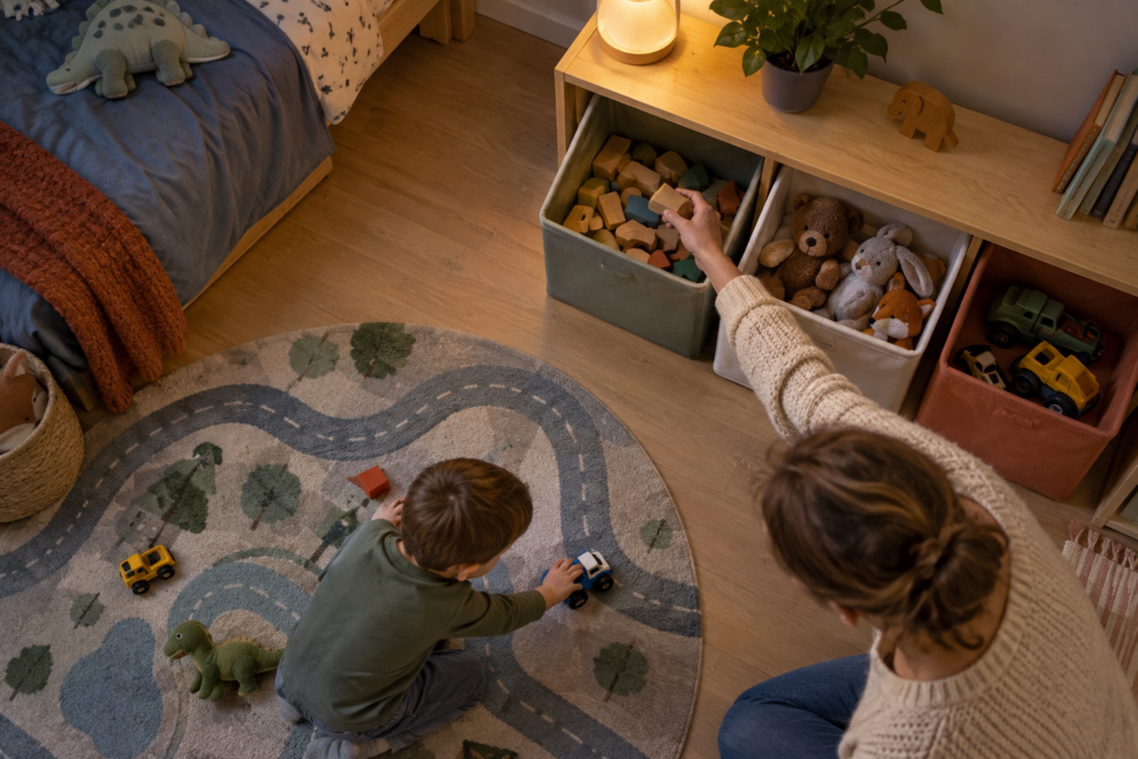 Kurzer Weg vom Spielteppich zu drei nahen Aufbewahrungskategorien für Bausteine, Kuscheltiere und Fahrzeuge.