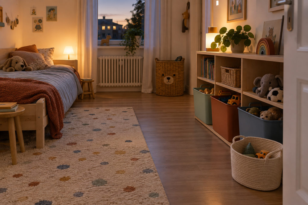 Aufgeräumter Laufweg im Kinderzimmer mit drei offenen Kategorien und einem kleinen begrenzten Rückkehrkorb.