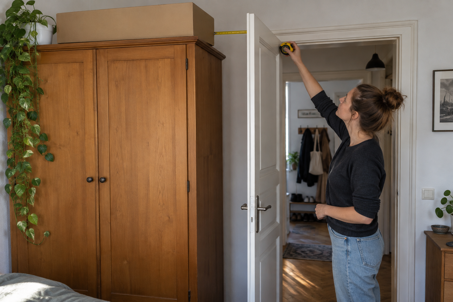 Leere Pappschablone liegt probeweise auf einem stabilen Schrank, während die angrenzende Tür vollständig geöffnet ist.