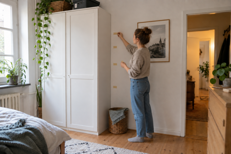 Person markiert in einer kleinen Wohnung vier Höhenzonen mit ablösbarem Malerkrepp neben einem Schrank.