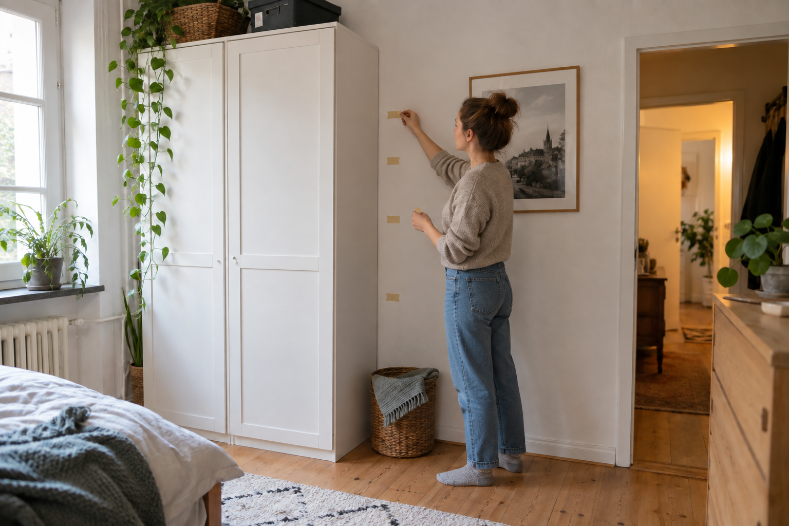 Person markiert in einer kleinen Wohnung vier Höhenzonen mit ablösbarem Malerkrepp neben einem Schrank.