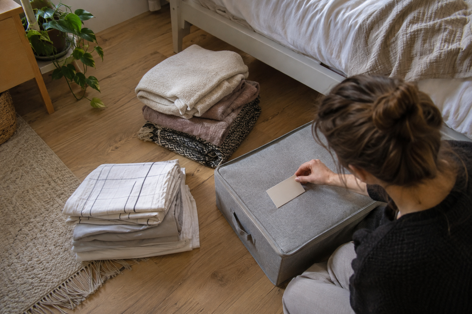 Person sortiert gefaltete Textilien neben einem Bett in eine graue Unterbett-Aufbewahrung und beschriftet sie.