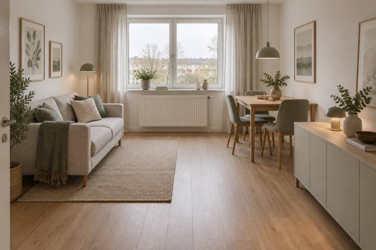 KI-generierte Konzeptvisualisierung eines 12 Quadratmeter großen Wohnzimmers mit hellem Sofa an der Westwand, kompaktem Esstisch am Fenster und niedrigem Sideboard.