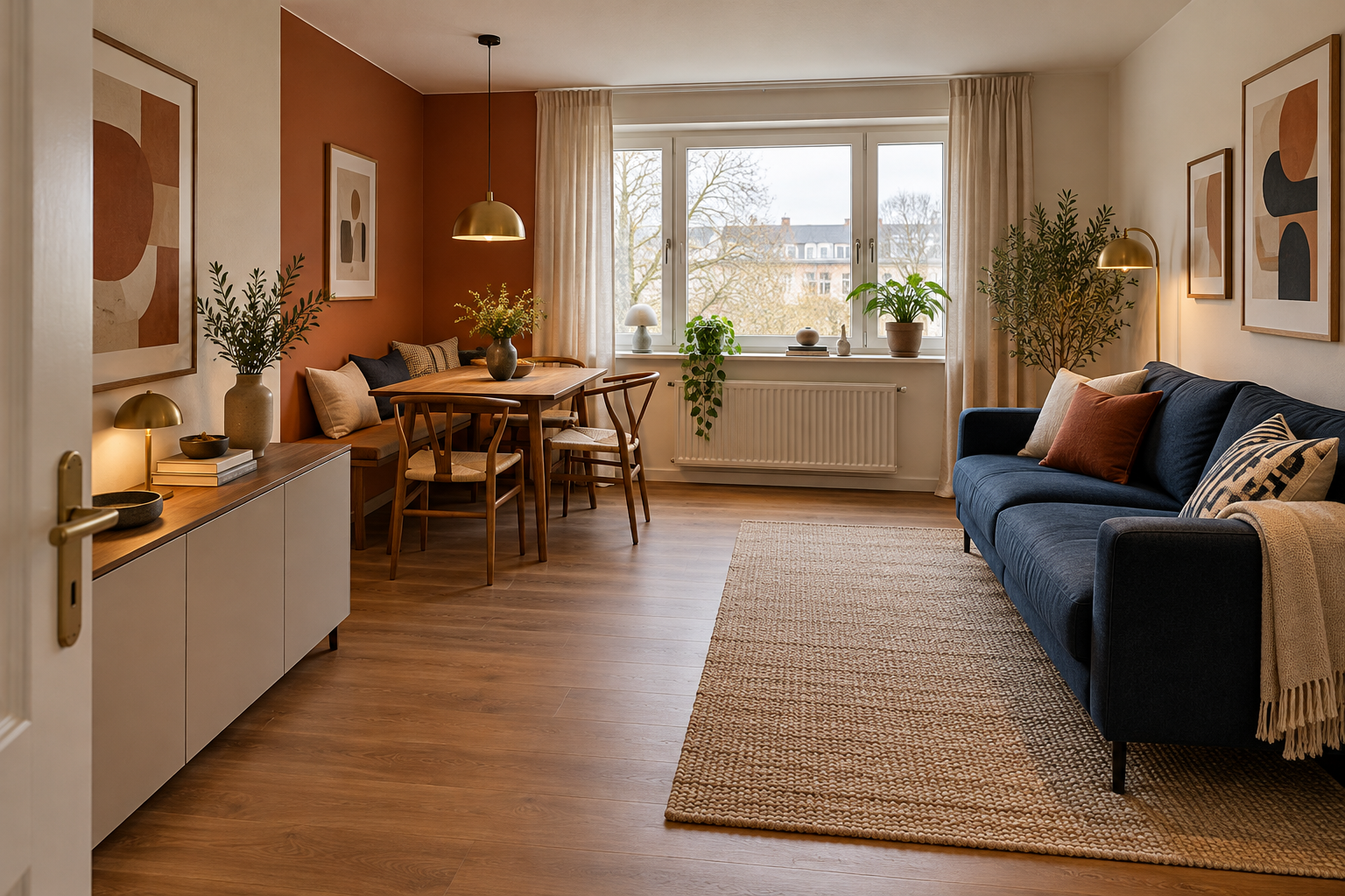 KI-generierte Konzeptvisualisierung desselben kleinen Wohnzimmers mit tintenblauem Sofa rechts, Essbank und Walnusstisch links sowie einer terrakottafarbenen Zone.