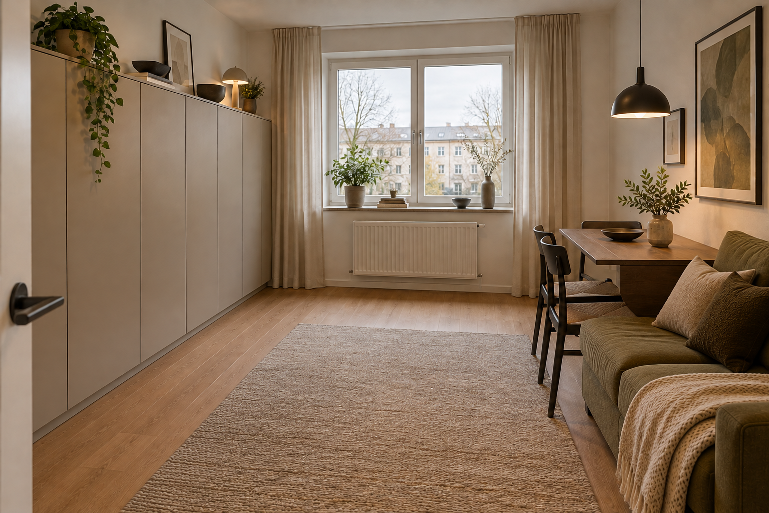 KI-generierte Konzeptvisualisierung desselben kleinen Wohnzimmers mit geschlossener sandfarbener Stauraumwand links, olivfarbenem Sofa rechts und wandnahem Klapptisch.