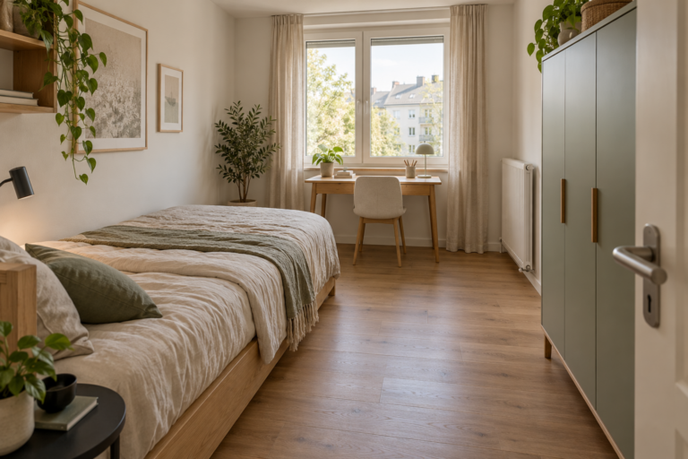 KI-generierte Konzeptvisualisierung eines 10,9 Quadratmeter großen Schlafzimmers mit 140 Zentimeter breitem Bett links, kompaktem Schreibtisch am Fenster und geschlossenem Schrank rechts.