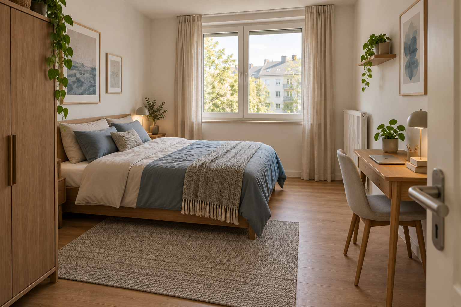 KI-generierte Konzeptvisualisierung desselben kleinen Schlafzimmers mit quer gedrehtem 140-Zentimeter-Bett, Schrank an der Südwestwand und kleinem Arbeitsplatz an der Ostwand.