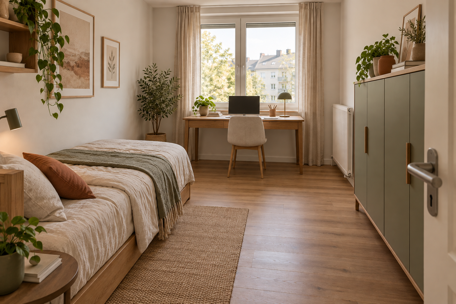 KI-generierte Konzeptvisualisierung desselben kleinen Schlafzimmers mit schmalerem Bett links, breitem Schreibtisch am Fenster und langem geschlossenem Schrank rechts.